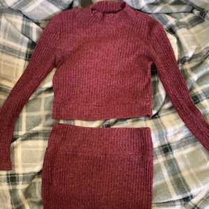 Two piece crop top long sleeve shirt with skirt, almost like knitted material